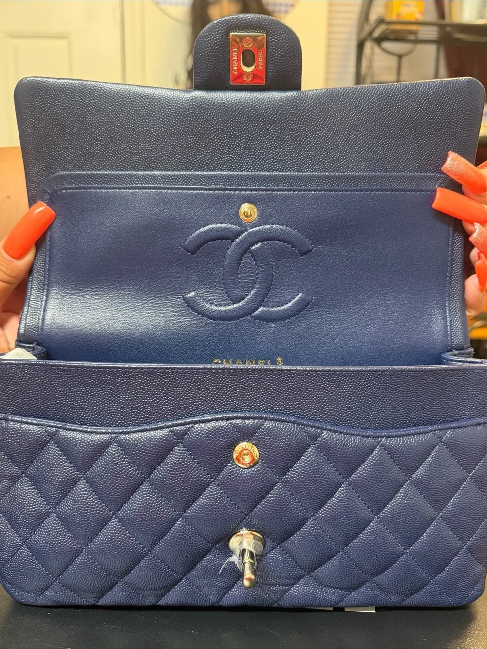 Chanel Classic Double Flap Bag in Dark Blue (Navy) Caviar Leather with Silver Ha